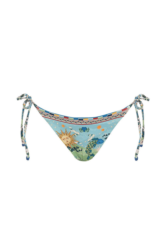 Tie-side bikini bottom in light blue with sun and decorative border print, adjustable side ties with handmade ends