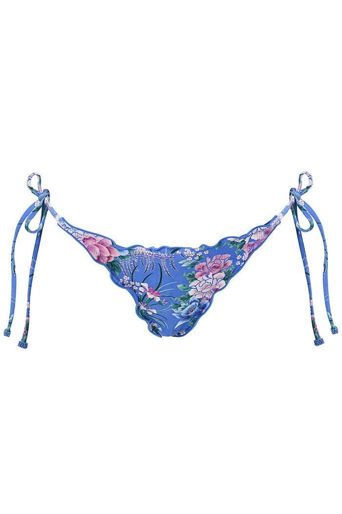 Blue bikini bottom with side ties and pattern detail print featuring pink peonies and green foliage