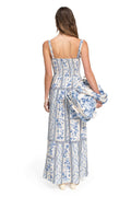Ambroise Bag in cream with blue pattern detail print, quilted fabric with ruffle edges and knotted handle details