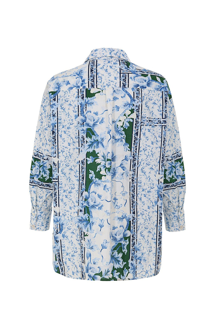 Nader Anastasia Shirt in white with blue pattern detail print and vertical green panels with white flowers, button-up with long sleeves, back view