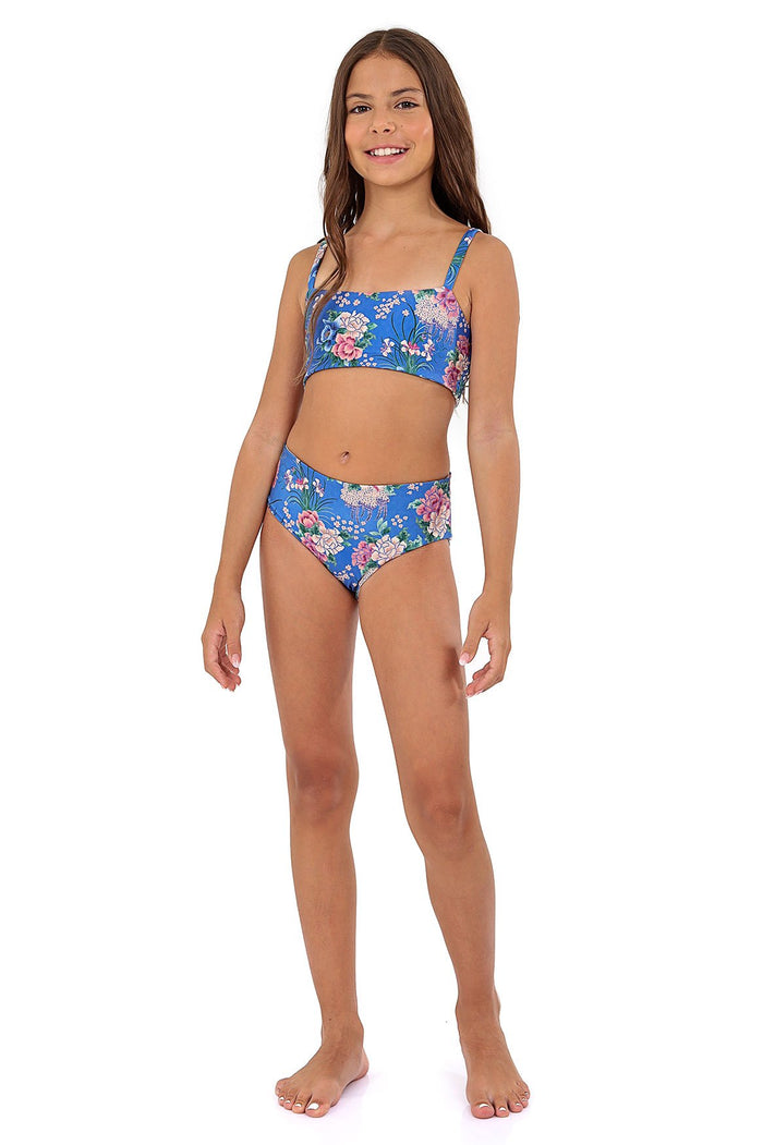 Blue bikini set with pink and white pattern detail print, featuring bandeau top with adjustable straps and mid-rise bottom
