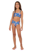 Blue bikini set with pink and white pattern detail print, featuring bandeau top with adjustable straps and mid-rise bottom
