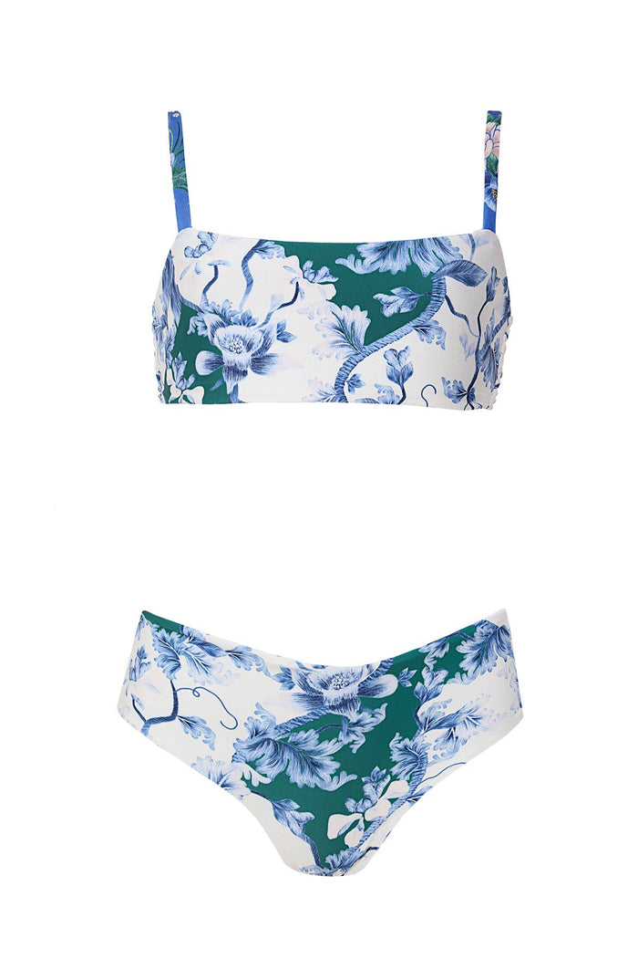 Two-piece bikini set with green base and blue pattern detail print featuring oversized blooms and foliage