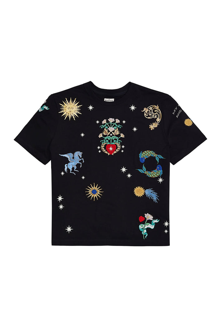 Black cotton t-shirt with embroidered celestial sun, moon, star, pegasus, mermaid, heart, and pattern detail details scattered throughout
