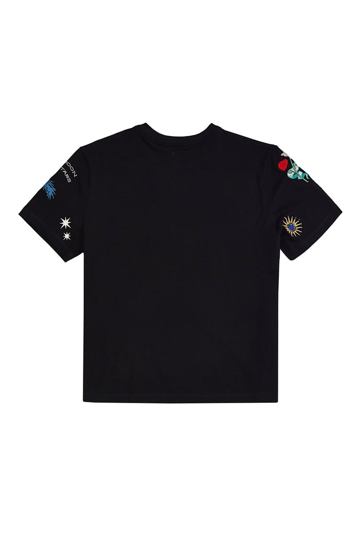 Black t-shirt with embroidered sun, stars, palm leaves, and tropical details on sleeves and body