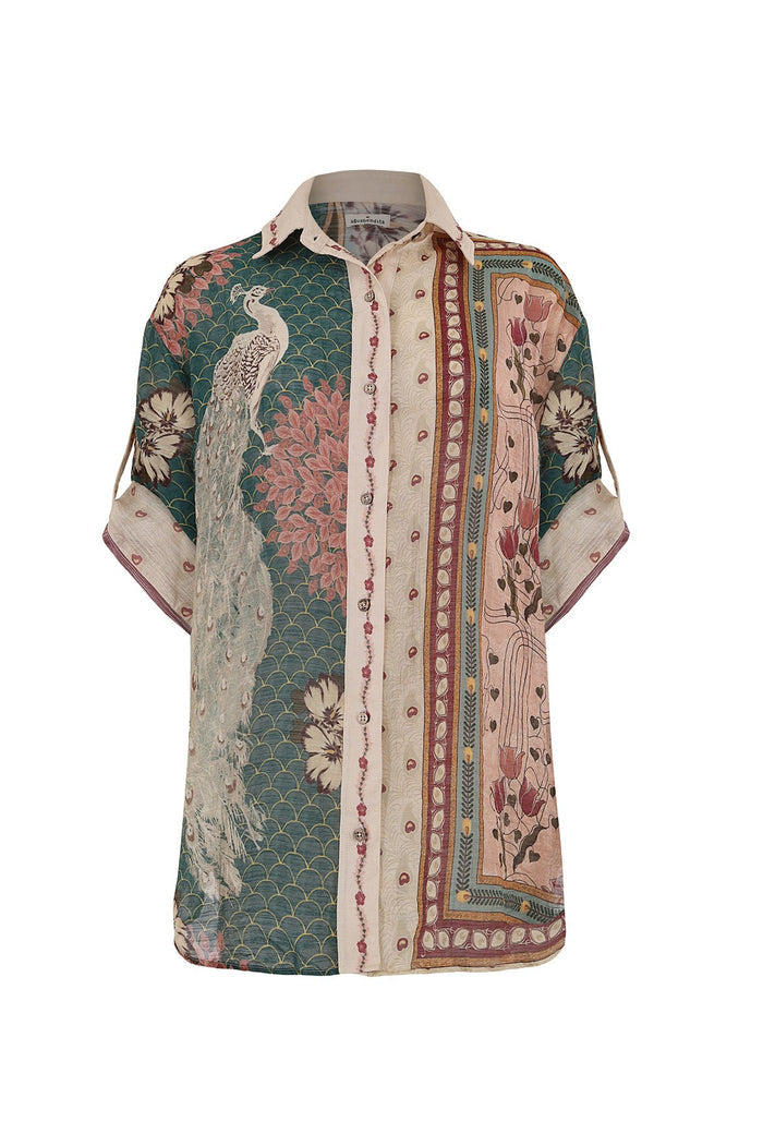 Nader Chrissy button-up shirt with 3/4 sleeves in mixed placement print featuring peacock, scalloped scales, florals, and vertical bordered panels in…