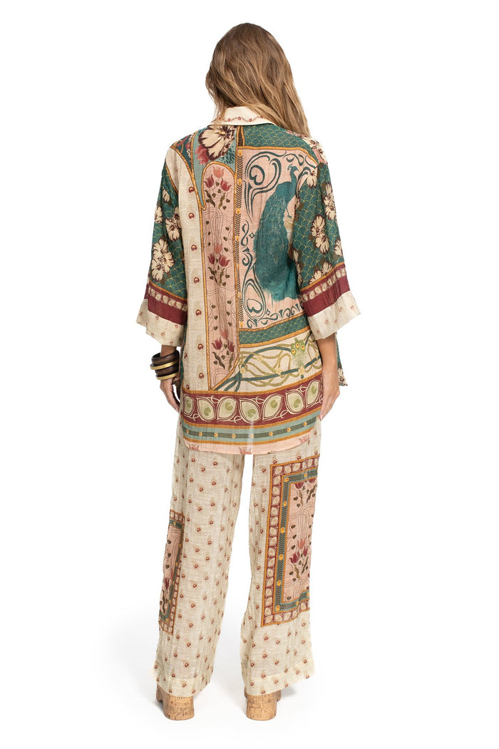 Nader Chrissy button-up shirt with 3/4 sleeves in mixed patchwork print combining teal, cream, burgundy panels with pattern detail and geometric bord…