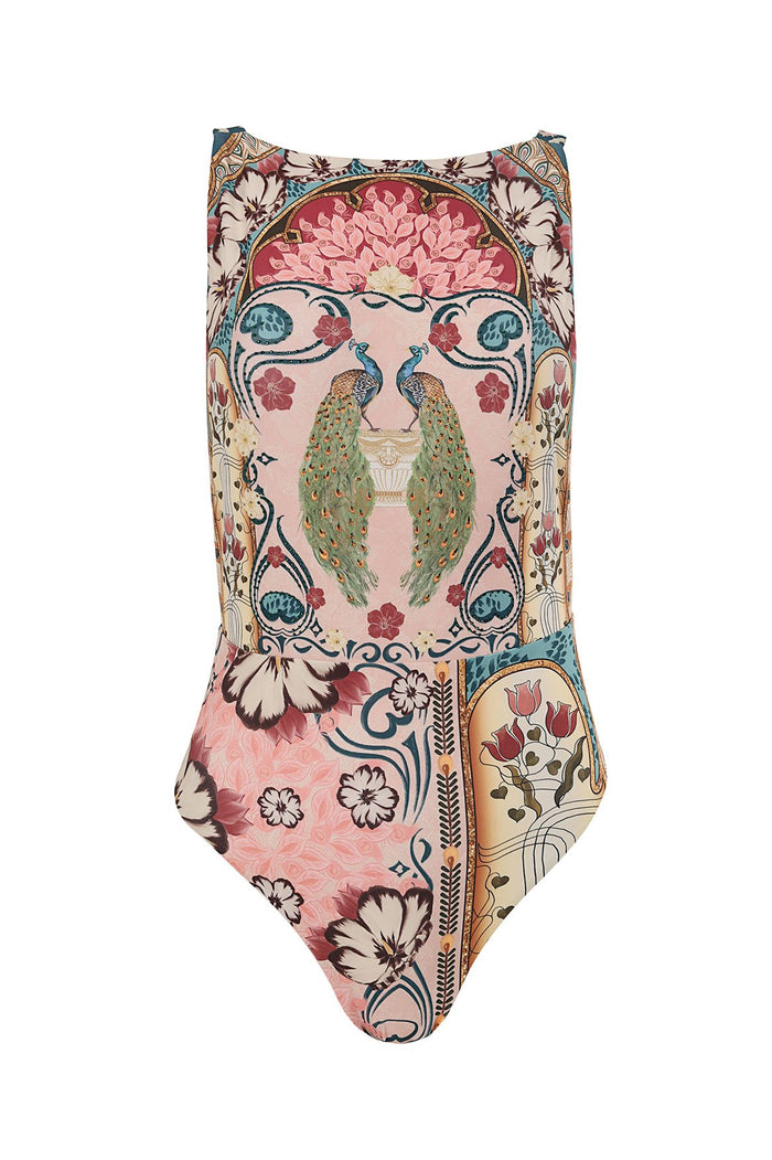 Nader Domenica one-piece swimsuit in pink with ornate peacock print, rhinestone accents, and mixed pattern detail border patterns