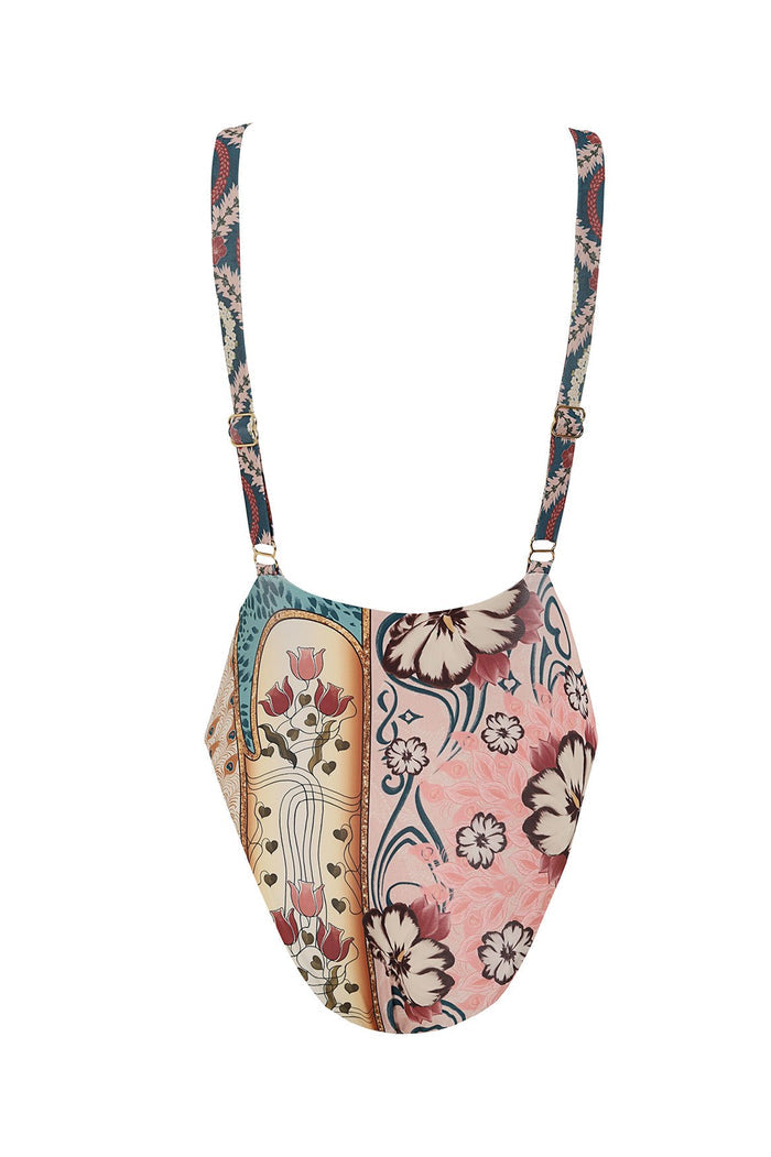One-piece swimsuit with adjustable straps, high neckline and mixed placement print featuring pattern detail panels, tulip details and textured geomet…