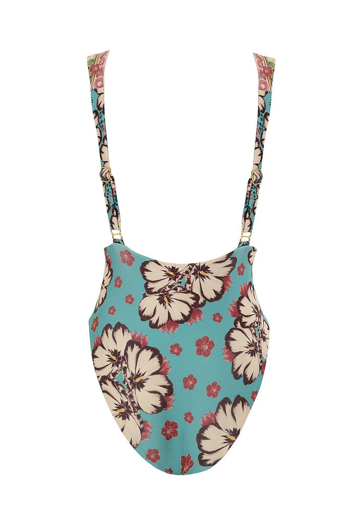 Turquoise one-piece swimsuit with cream and brown pattern detail print and ruffled straps