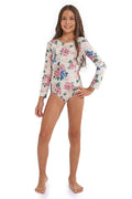 Long sleeve one piece swimsuit in cream with pink peonies and blue pattern detail print