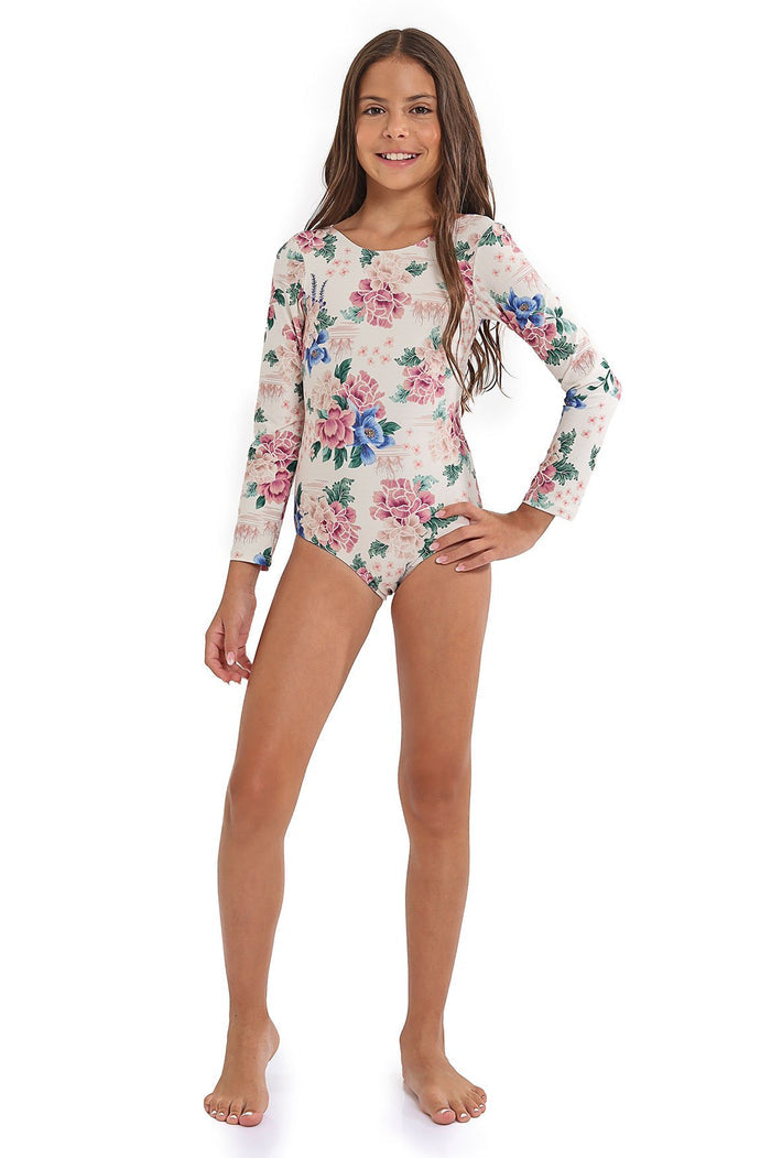 Long sleeve one piece swimsuit in cream with pink peonies and blue pattern detail print