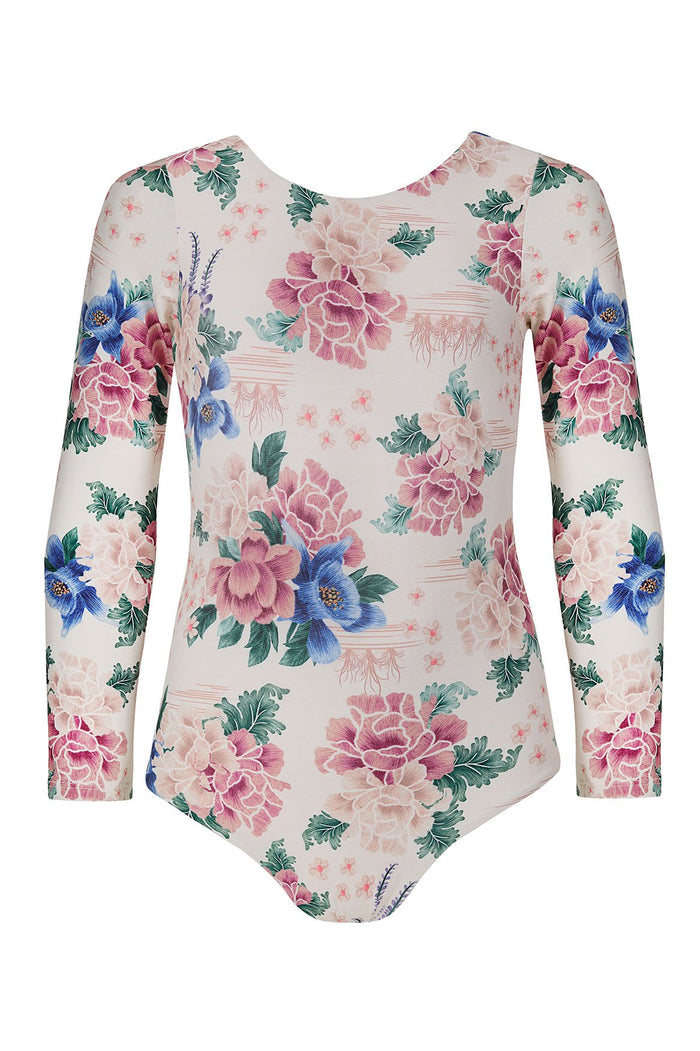 Long sleeve one piece swimsuit in ivory with pink peonies, blue flowers, and green foliage print