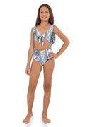 Girls' tie-front cutout one-piece swimsuit in white with blue pattern detail print and teal palm leaf accents