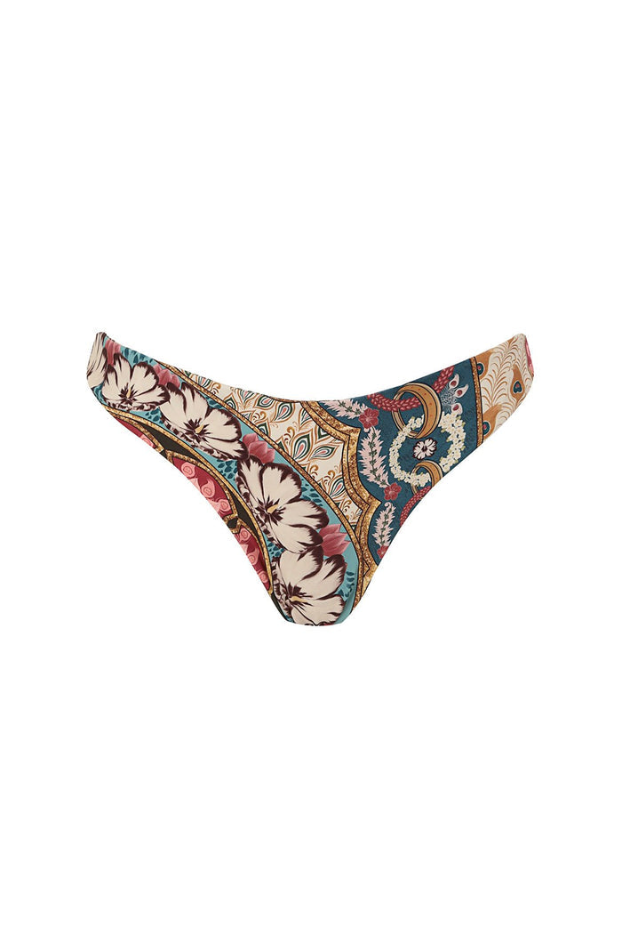 Reversible bikini bottom with multicolor paisley and pattern detail placement print in teal, coral, cream, and gold tones