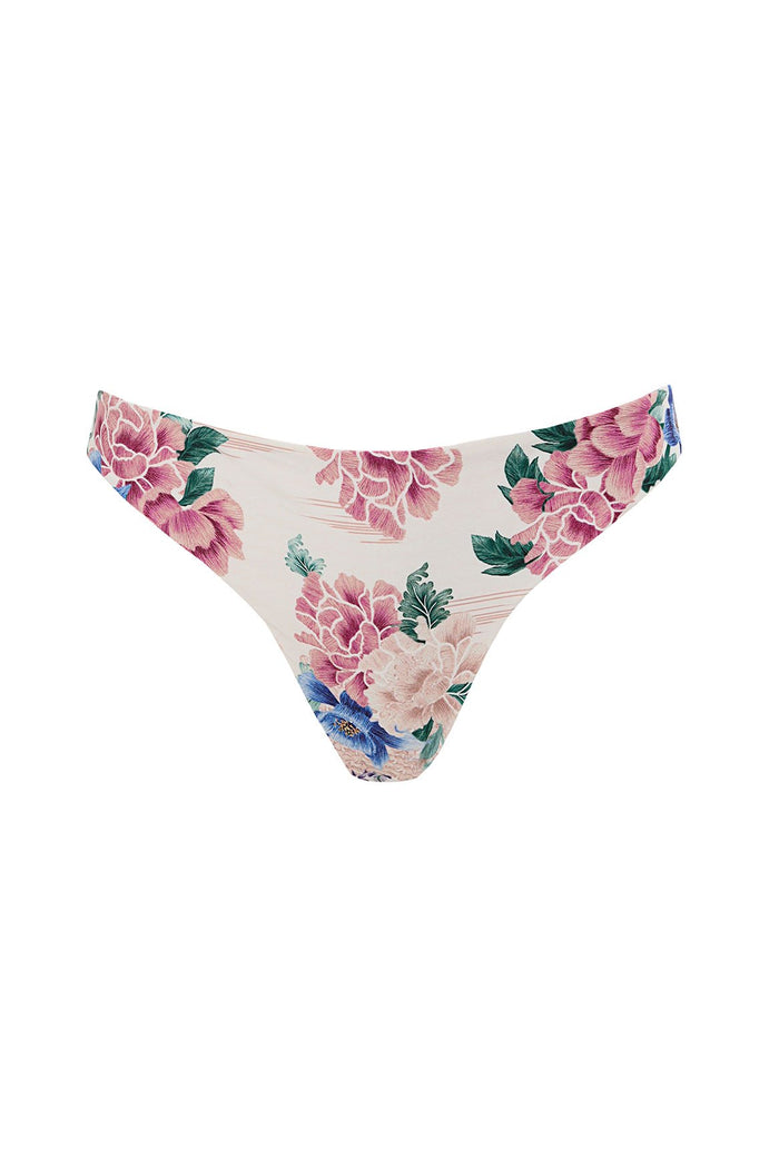 Nader Ilu bikini bottom in ivory with pink and blue pattern detail print and green foliage
