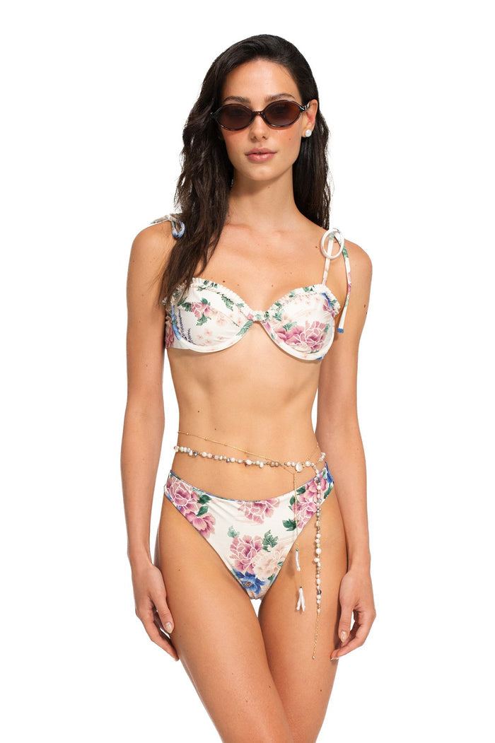 Nader Ilu bikini bottom in cream with pink and green pattern detail print, reversible, full coverage with tie details