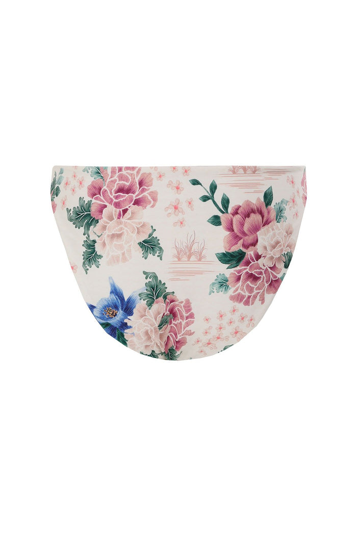 Nader Ilu bikini bottom in white with pink peonies, blue flowers, and green foliage print