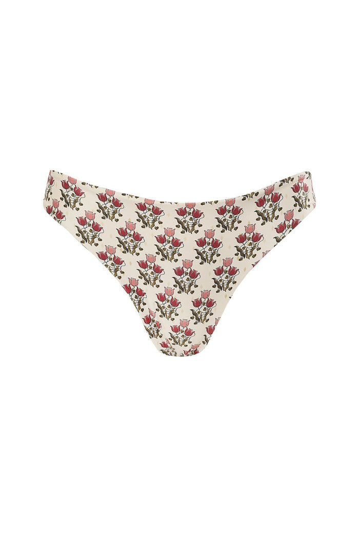 Nader Ilu bikini bottom in cream with pink and red pattern detail print and olive green foliage in repeating vertical arrangement