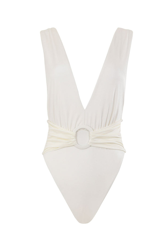 White one-piece swimsuit with deep V-neckline and structured ring detail at waist