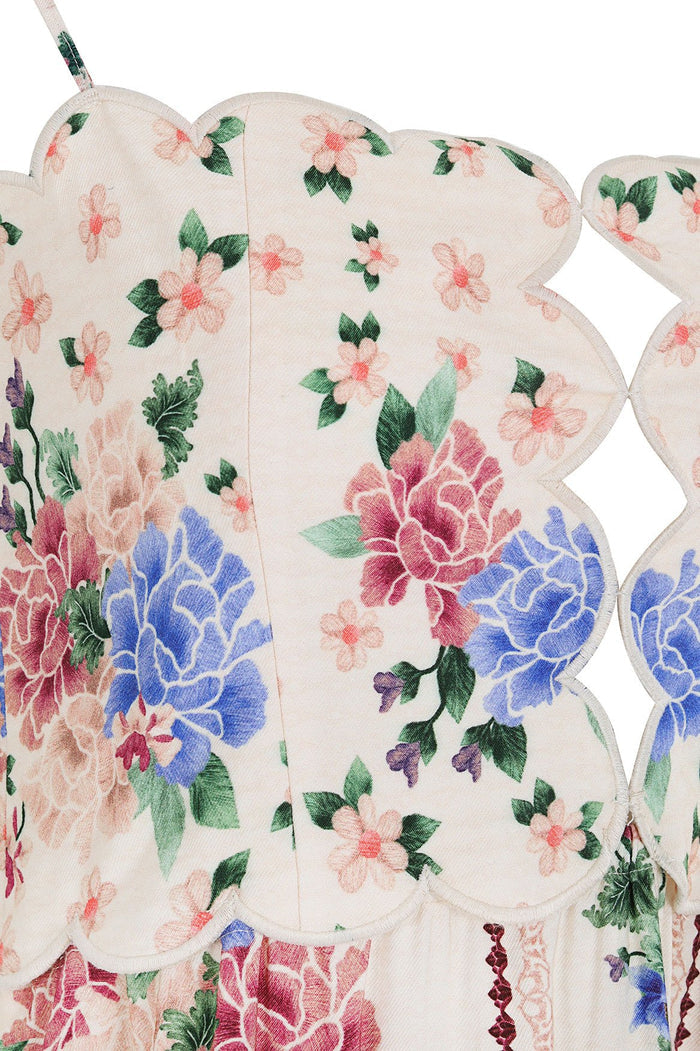 Nader Julia Dress in ivory with floral print featuring blue and pink blooms, scalloped bodice with cut-out details and adjustable straps