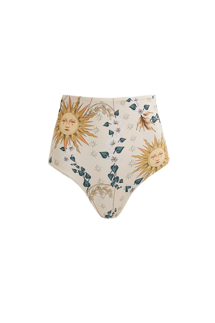 High-waist bikini bottom in cream with sun face illustrations, teal leaves, and star pattern