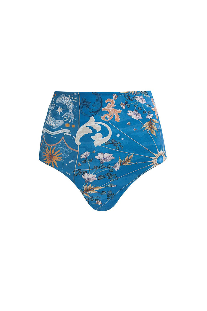 High-waist bikini bottom in blue with celestial print featuring stars, flowers, ornamental scrollwork, and geometric constellation lines