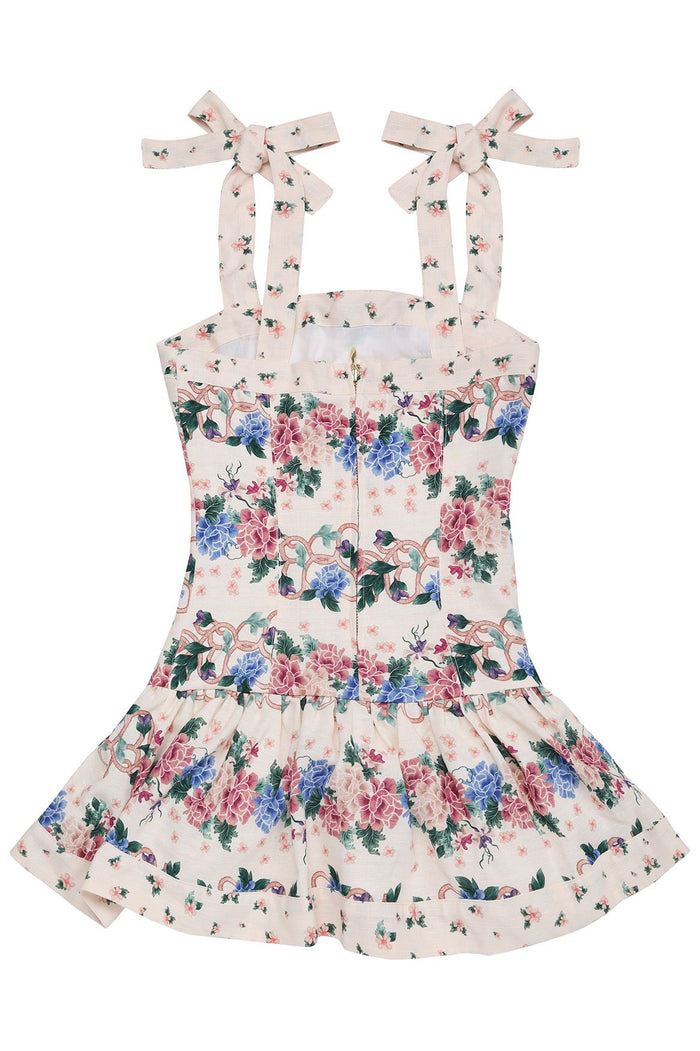 Nader Kaio Kids' Dress in light pink with all-over floral print, adjustable shoulder ties, and gathered skirt hem