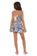 Back view of Nader Kavi Kids' Skirt in blue with multicolor pattern detail print, elastic waistband, scalloped hem and ruffle details
