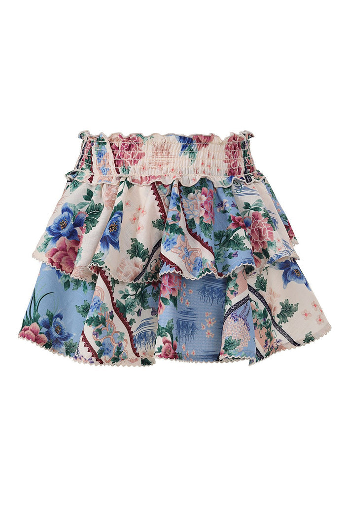 Nader Kavi Kids' Skirt with layered ruffles, smocked elastic waist, and multicolor pattern detail print on cream and blue base with scalloped trim