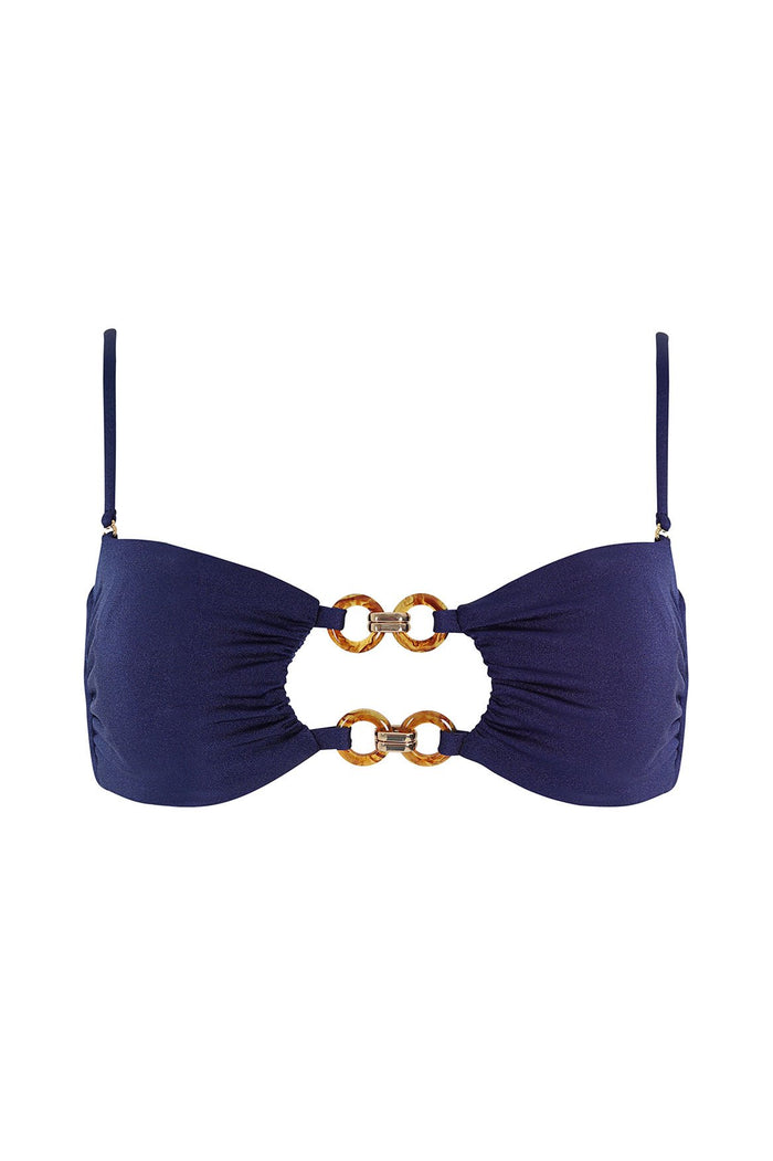 Navy bandeau bikini top with center cut-out, gathered fabric detail, and tortoise ring hardware accents