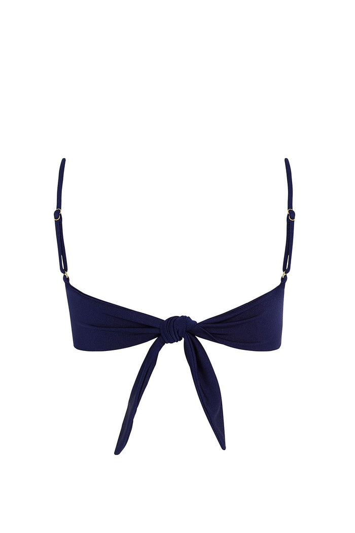 Navy bikini top with front tie detail and adjustable straps