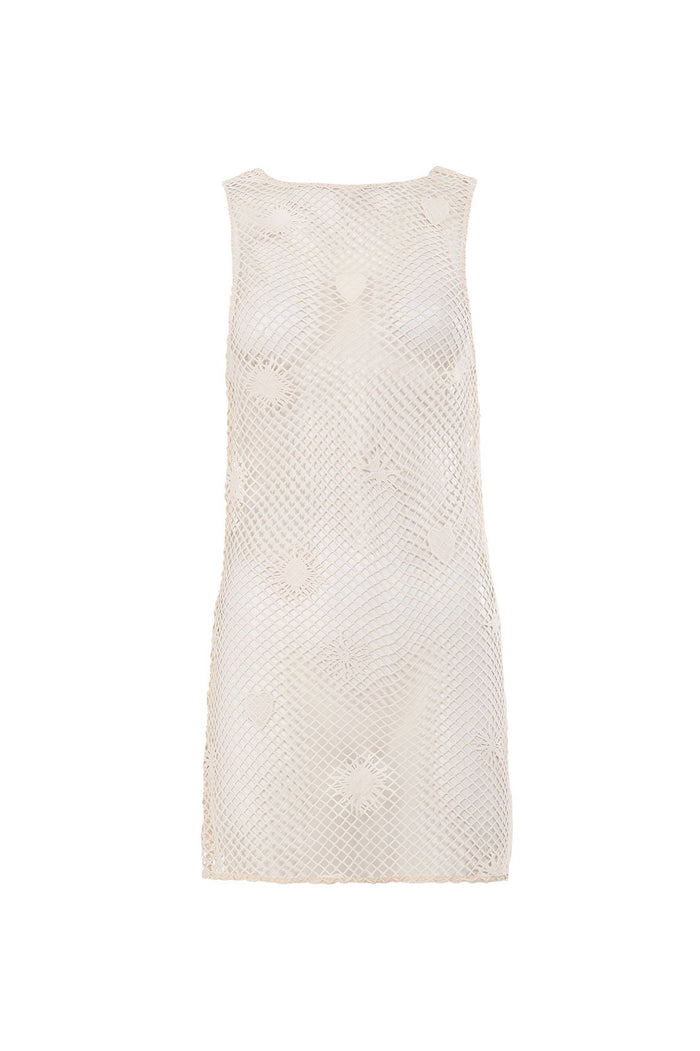 Nader Leyla sleeveless cover-up in cream with diamond lattice crochet pattern and pattern detail embroidered details