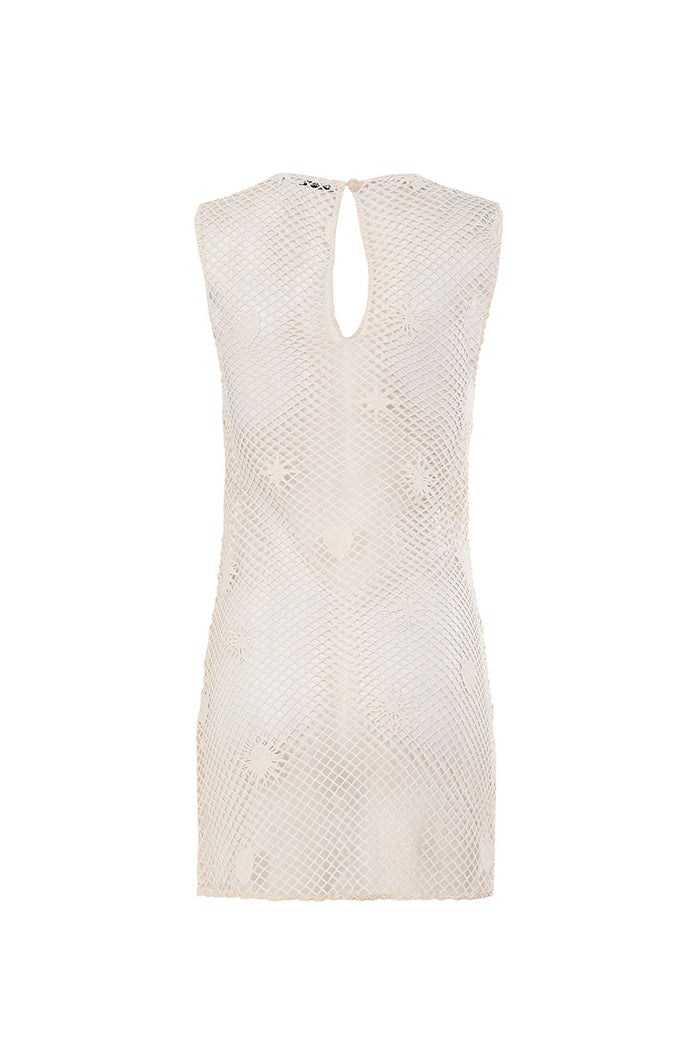 Nader Leyla sleeveless cover-up dress in ivory with diamond mesh pattern and embroidered pattern detail details, keyhole neckline