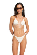 White triangle bikini top with 3D pattern detail embroidery and halter neck straps