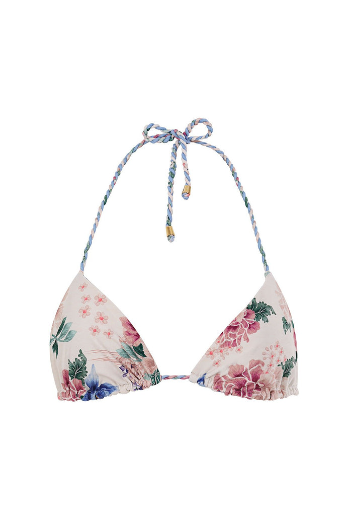 Triangle bikini top with halter neck in blush pink featuring floral print with pink blooms and green foliage, multicolored braided tie straps with go…
