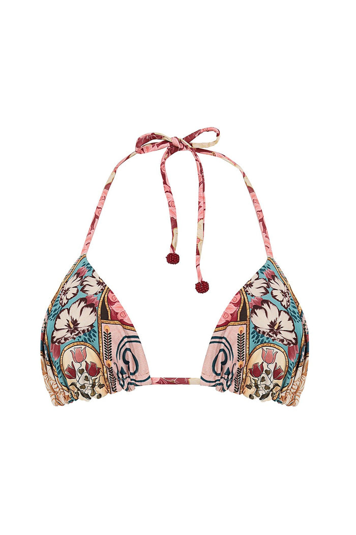 Triangle bikini top with peacock-inspired placement print in turquoise, pink, and cream tones, featuring halter ties and beaded fringe detail