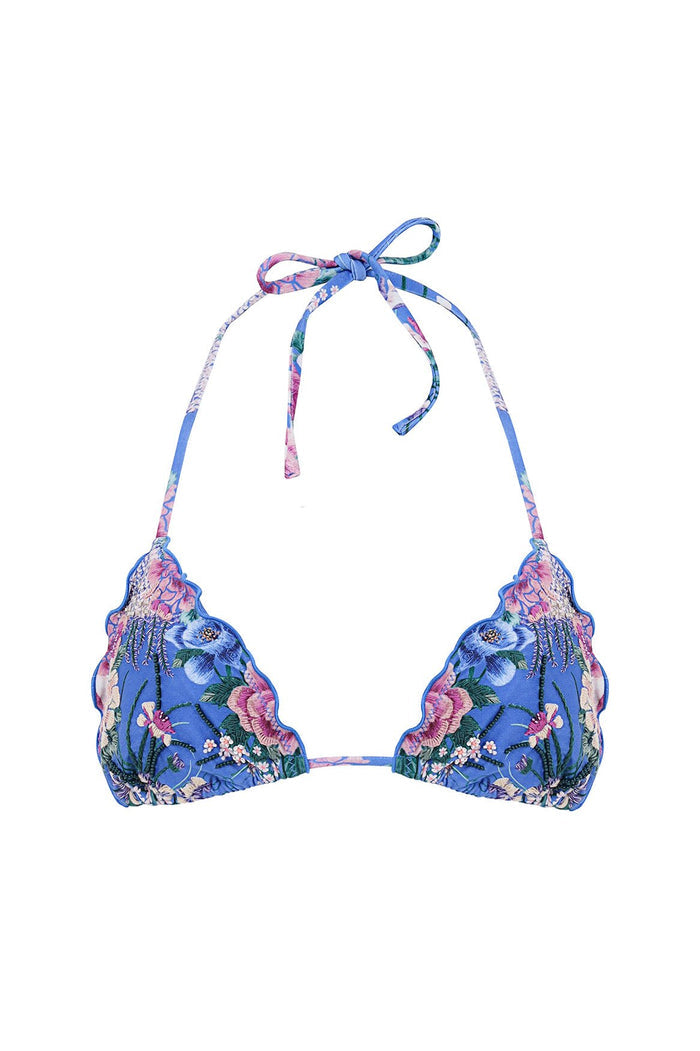 Nader Lolita triangle bikini top in blue with embroidered floral details and halter tie straps