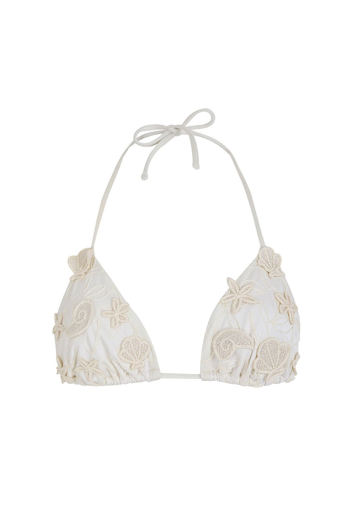 White triangle halter bikini top with textured embroidered seashell and starfish appliqués, adjustable tie closure