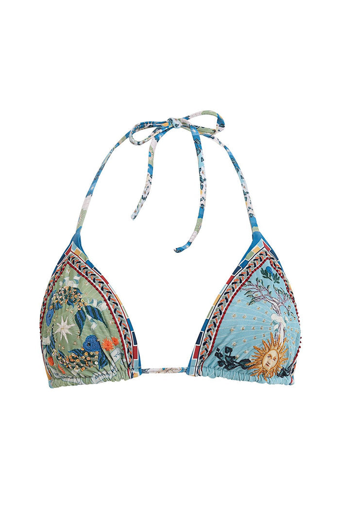 Triangle bikini top with hand-embroidered celestial placement print featuring sun and moon designs on blue and green panels with decorative border tr…
