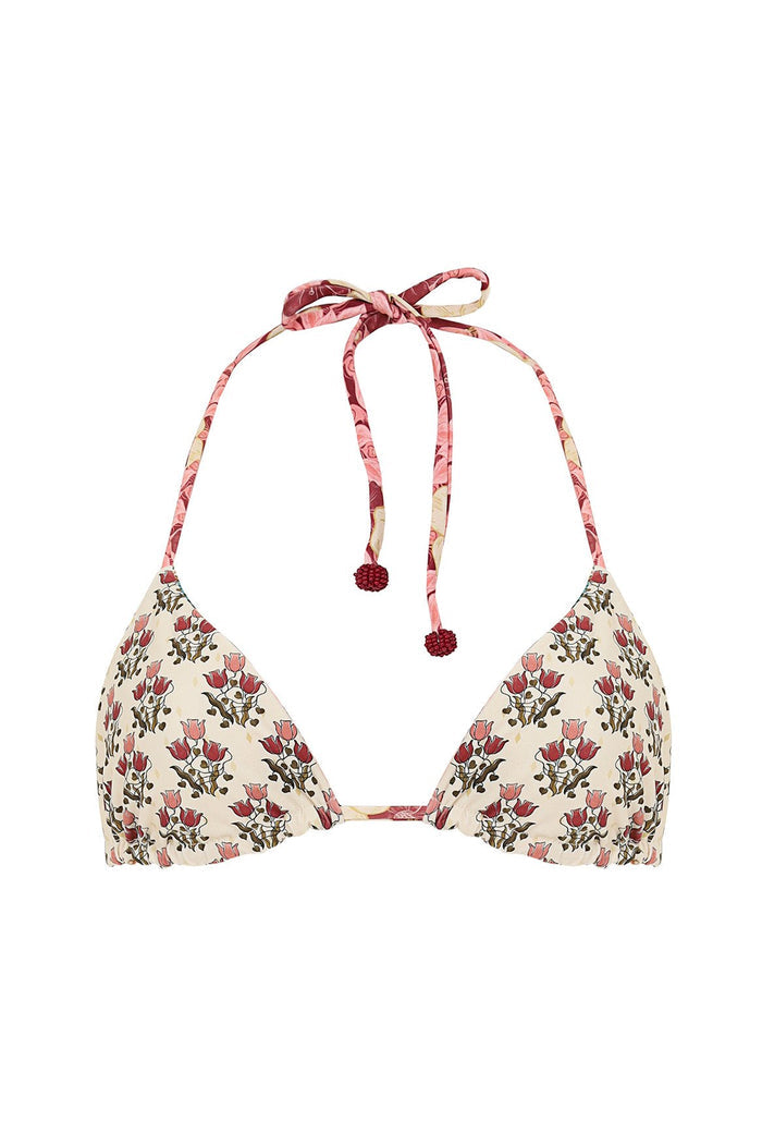 Triangle bikini top in cream with red and pink pattern detail print, halter ties with beaded ends, reversible to coordinating print