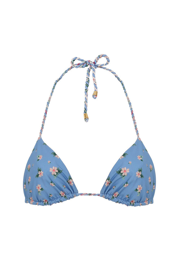Nader Lolita triangle bikini top in periwinkle blue with scattered pink and white floral print and multicolor braided halter ties