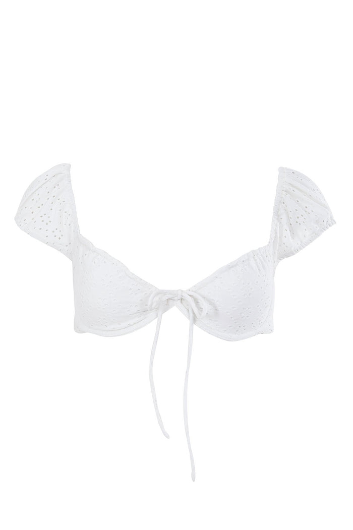White eyelet bikini top with ruffled cap sleeves and front tie closure