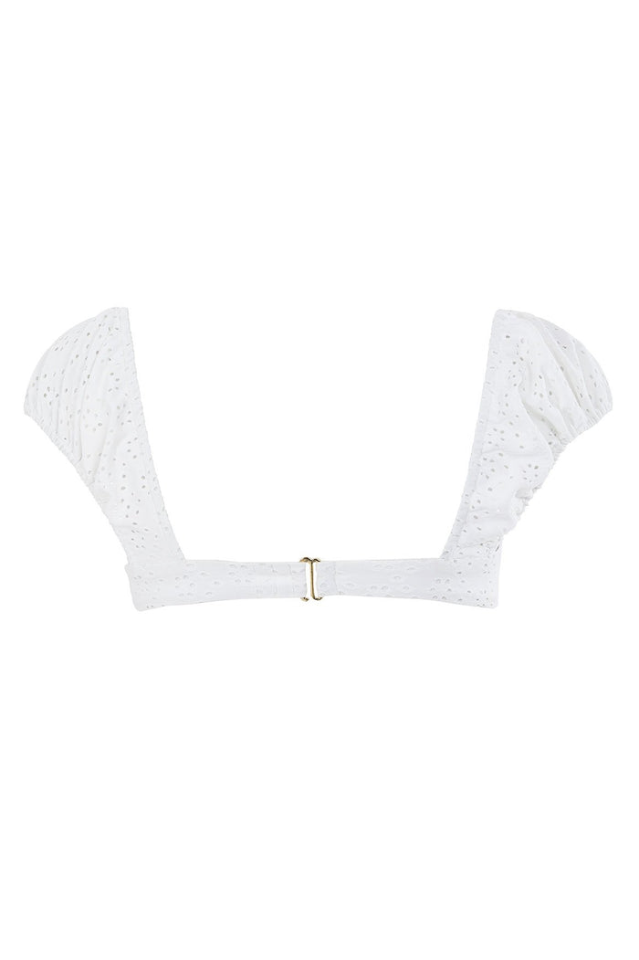 White eyelet bikini top with ruffled sleeves and front adjustable tie closure