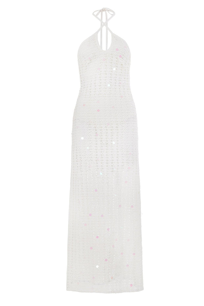 White halter maxi dress with handwoven openwork crochet texture and subtle pattern detail embroidery details