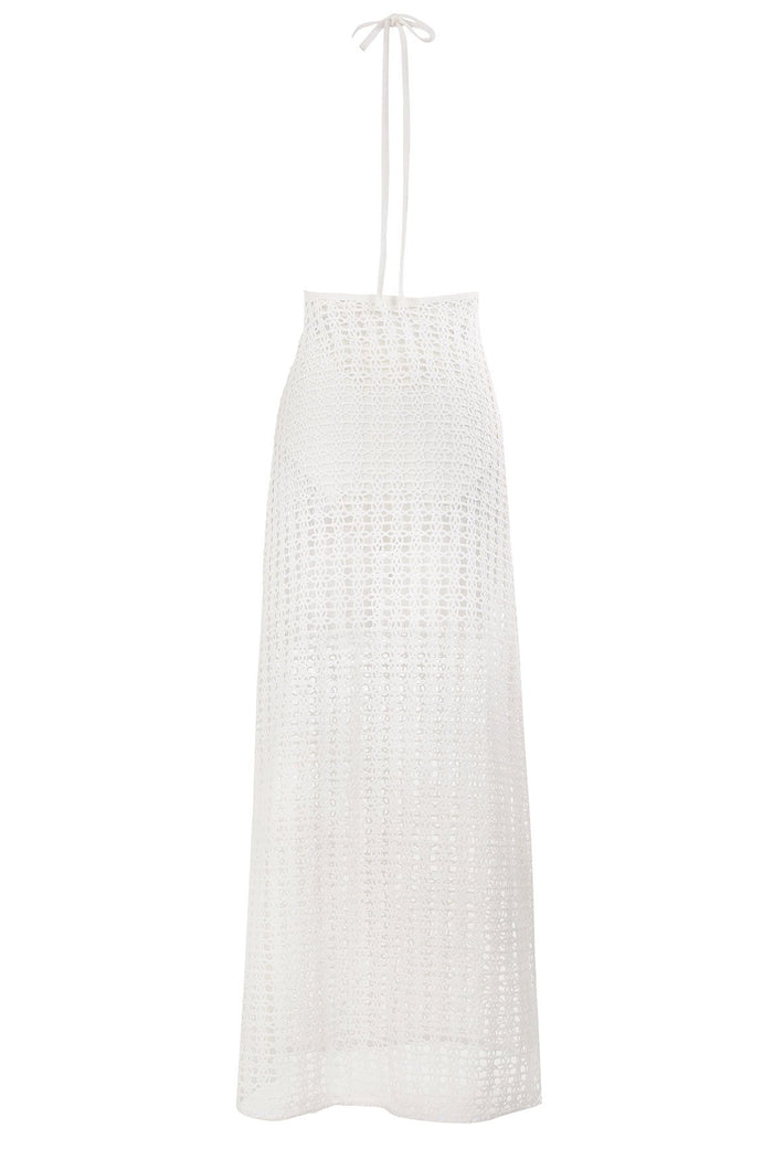 White crochet halter maxi dress with openwork textured pattern and tie shoulder straps