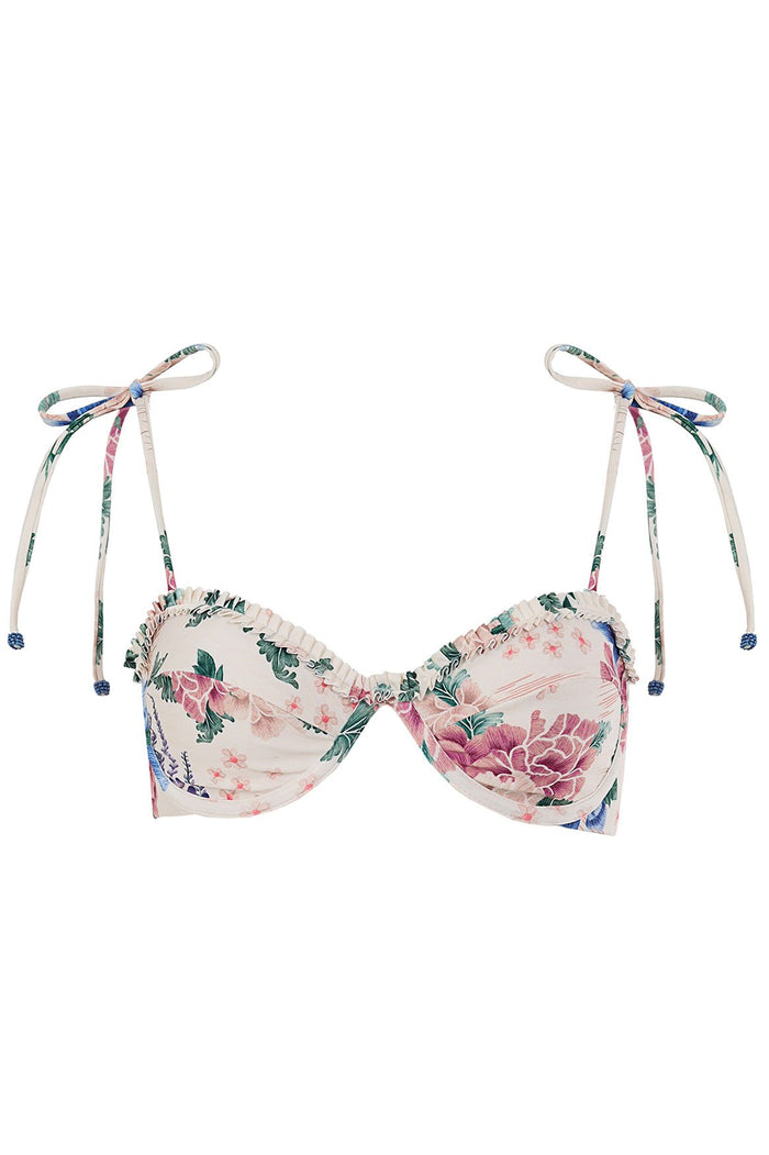 Underwire bikini top with side-tie straps in cream fabric featuring pink and blue floral print with green leaves