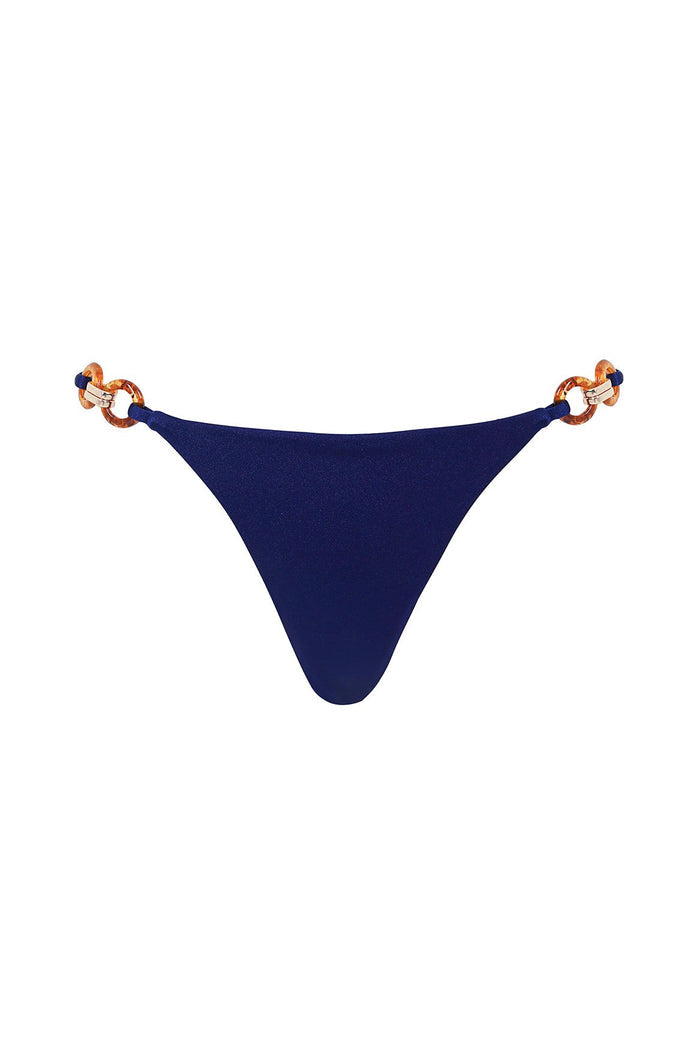 Navy bikini bottom with tortoise and gold ring hardware details at hips