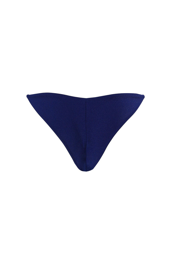 Navy blue bikini bottom with high-cut leg and minimal coverage