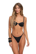 Black underwired bikini top with braided straps and gold hardware details